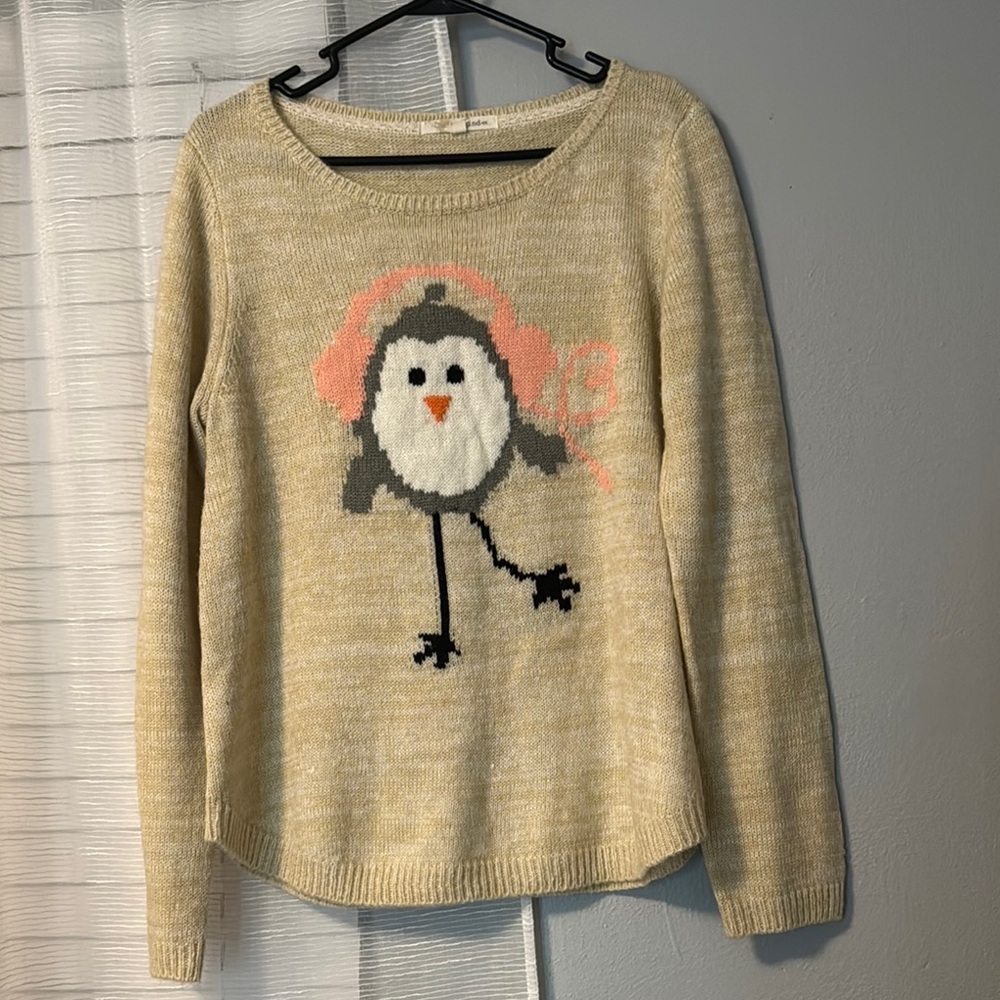 Rewind Cream Knit Crewneck Sweater with Penguin Graphic and Pink Earmuffs